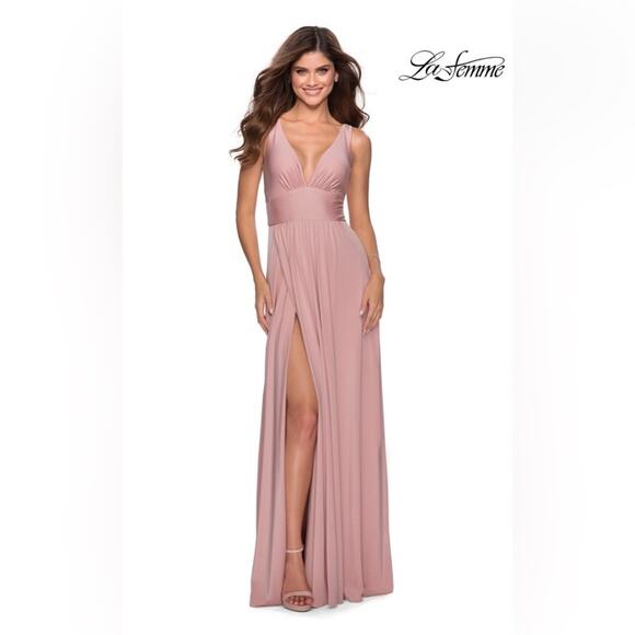 La Femme 28547 Plunge V-Neck A-Line Maxi Dress Satin Jersey mauve pink 4 NEW